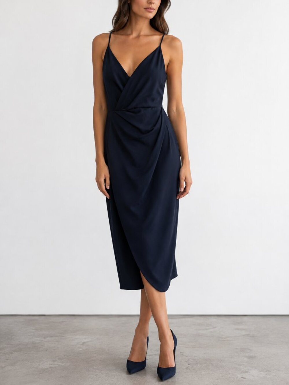 BETSEY JOHNSON Faux Wrap Ruched Stretch Crepe Midi Dress Midnight Navy Blue 6